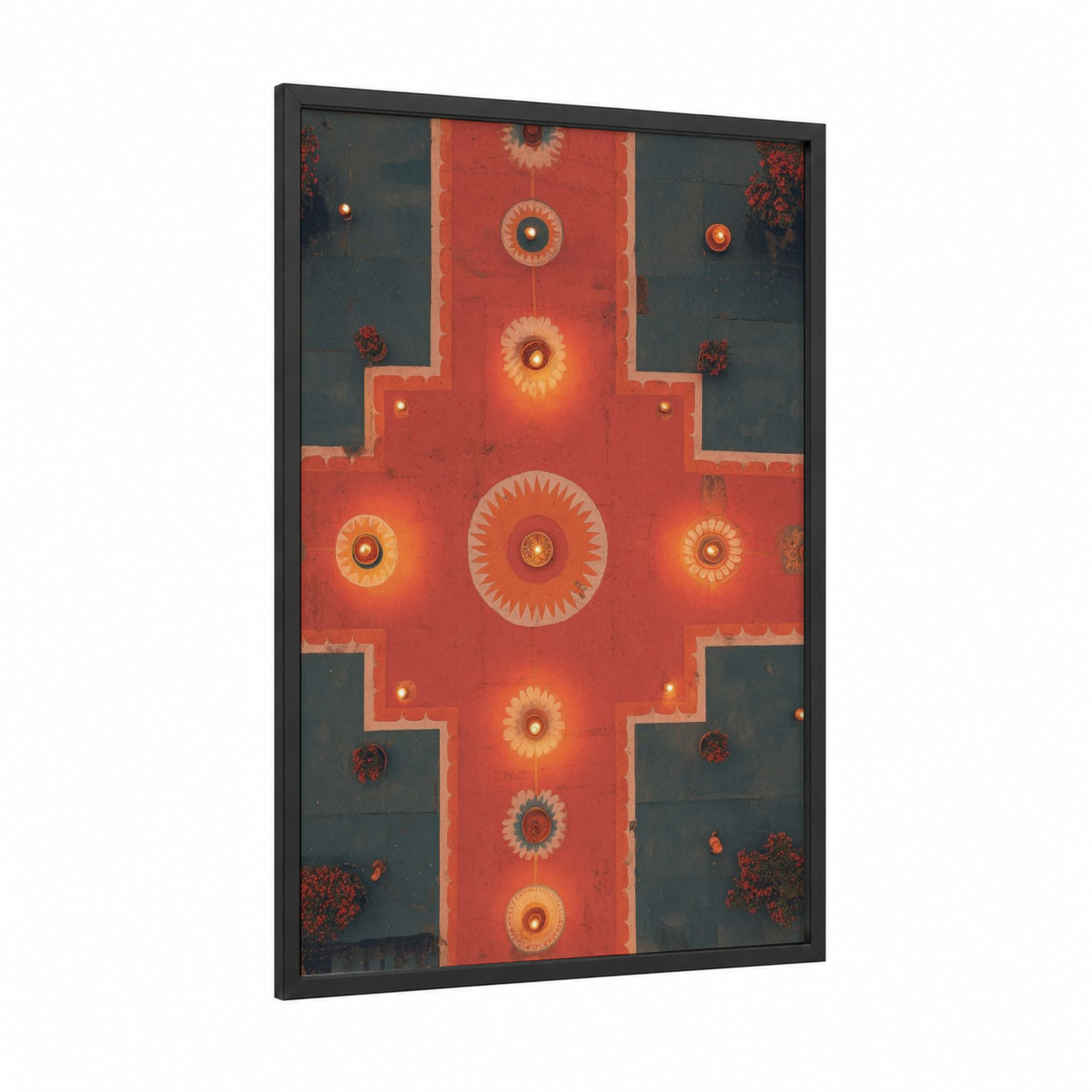 Diwali Mandala Cross framed hindu holidays print — black wood frame — red and gold palette