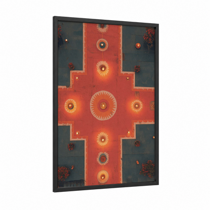 Diwali Mandala Cross framed hindu holidays print — black wood frame — red and gold palette