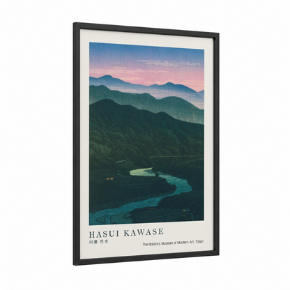 Misty River Valley framed rivers print — black wood frame — teal and dark green palette