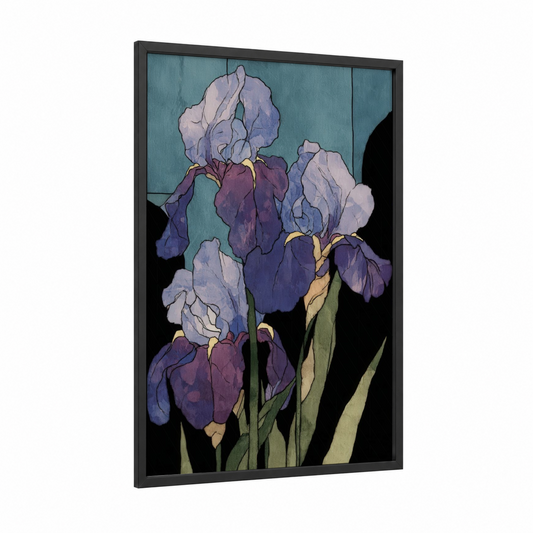 Purple Iris Trio framed art print — black wood frame — purple and teal palette