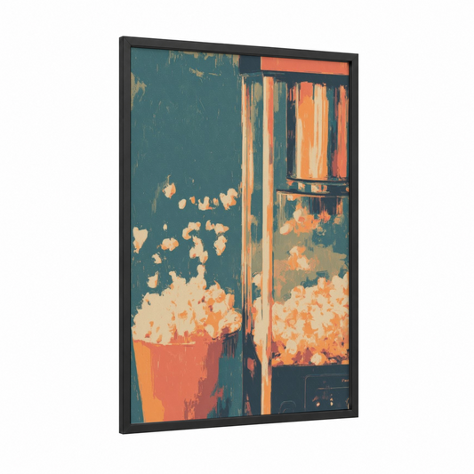 Carnival Popcorn framed art print — black wood frame — teal and orange palette