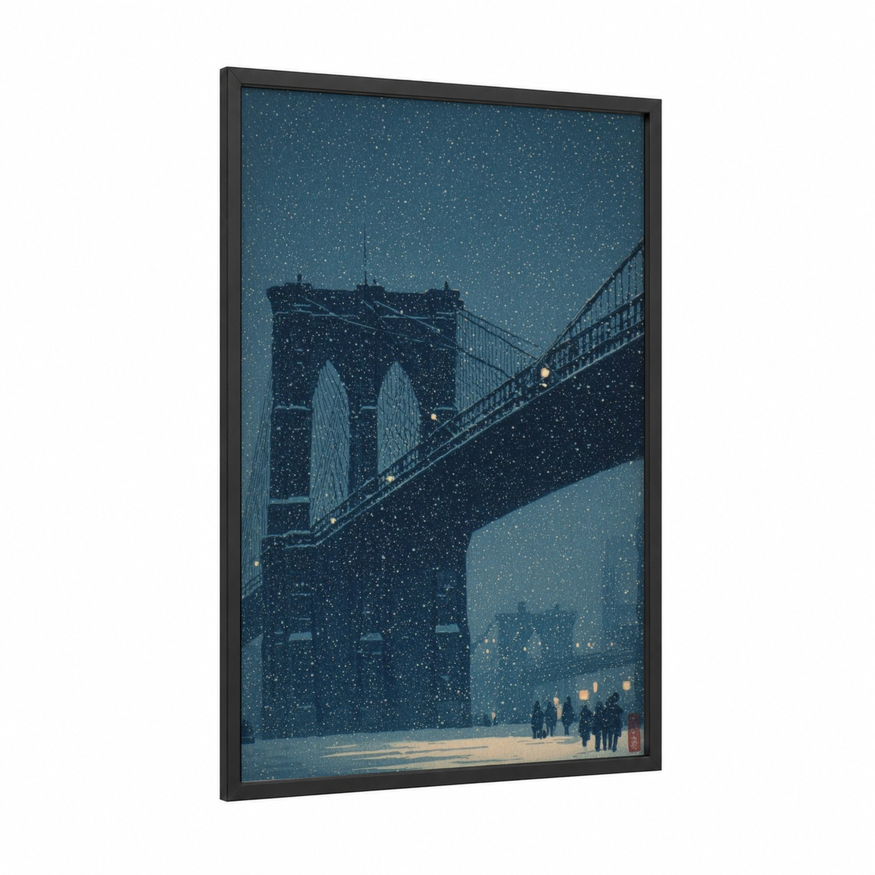 Snowy Brooklyn Bridge framed bridges print — black wood frame — blue and white and gold and white palette