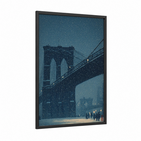 Snowy Brooklyn Bridge framed bridges print — black wood frame — blue and white and gold and white palette