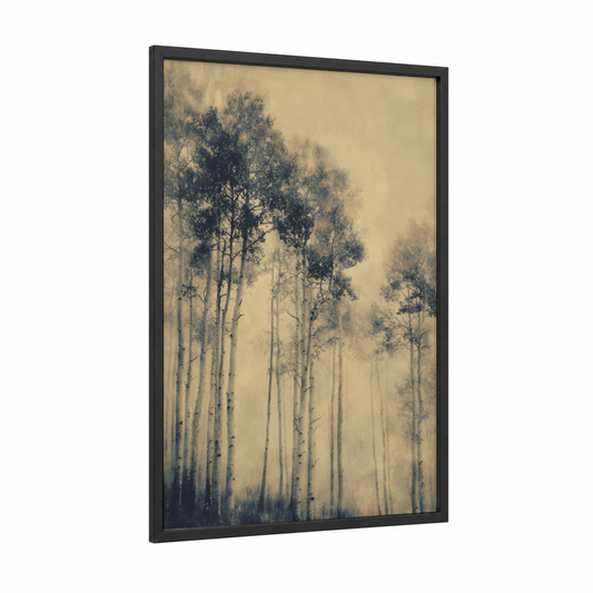 Misty Aspen Grove framed aspen forest print — black wood frame — cream and gray and white palette