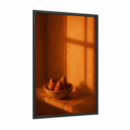 Golden Hour Pears Kitchen Wall Art framed fruit print — black wood frame — orange and gold palette