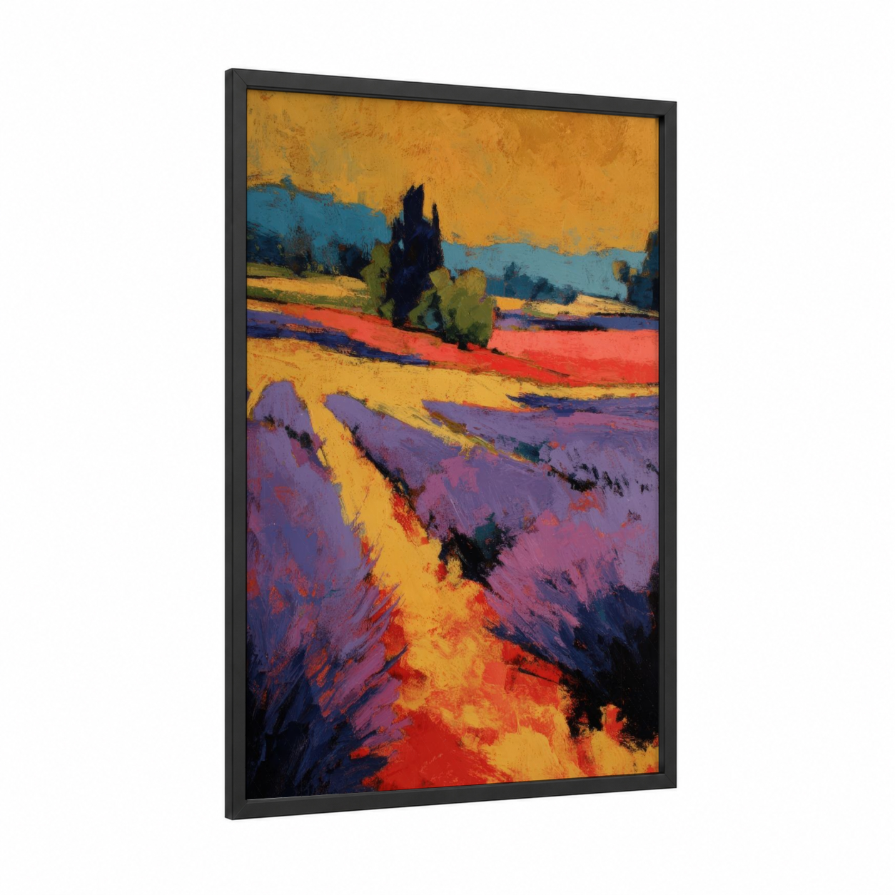 Provençal Lavender Field framed art print — black wood frame — purple and gold palette