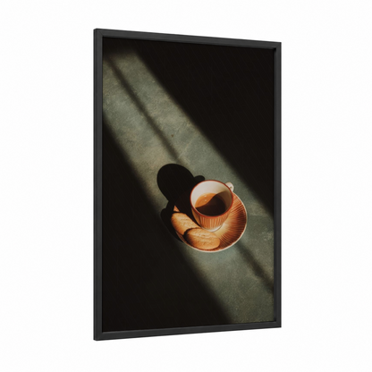 Morning Coffee Break framed sweet print — black wood frame — gold and black and white palette