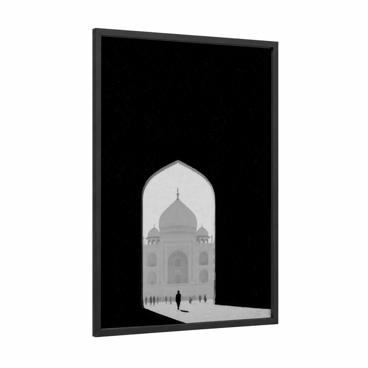 Taj Mahal Silhouette framed art print — black wood frame — black and white and gray palette
