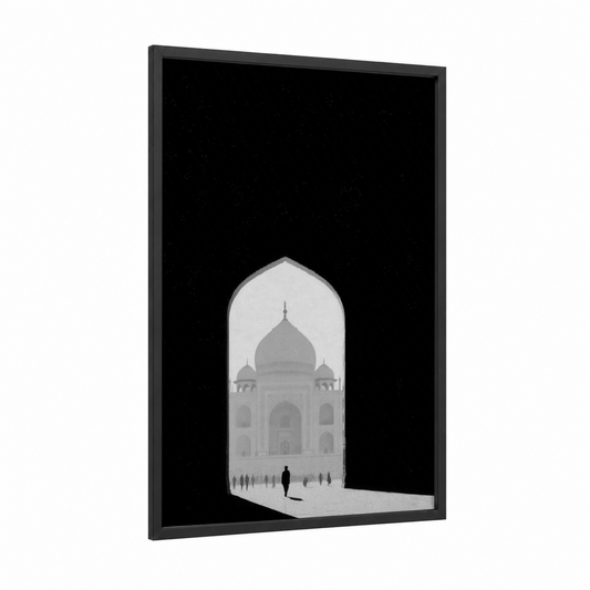 Taj Mahal Silhouette framed art print — black wood frame — black and white and gray palette
