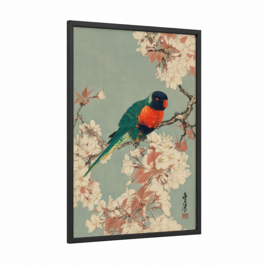 Blooming Lorikeet framed rainbow lorikeet print — black wood frame — sage green and cream palette
