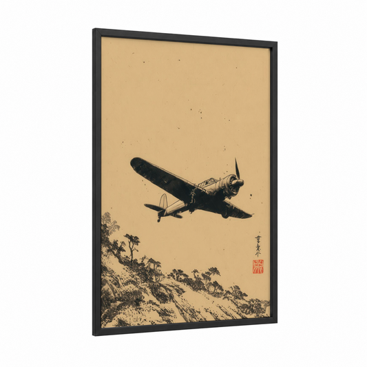 Vintage Aircraft Sky framed vintage airplane print — black wood frame — cream and black palette