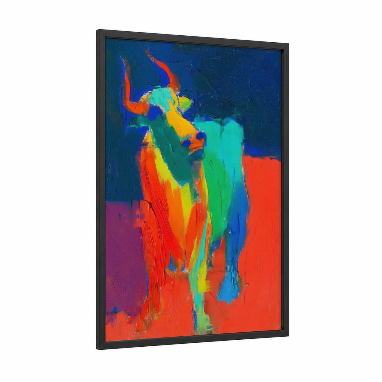 Neon Bull framed art print — black wood frame — blue and orange palette