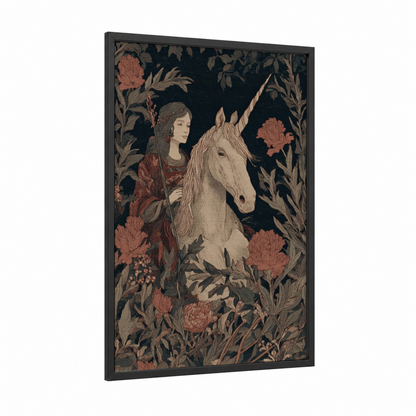 Maiden Unicorn framed unicorns print — black wood frame — maroon and black palette