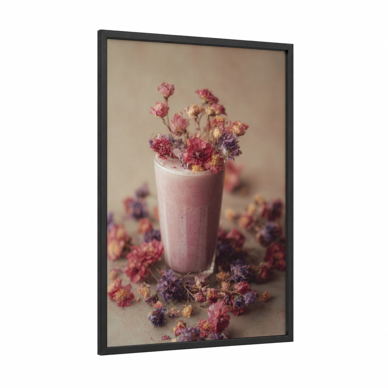 Floral Milkshake framed art print — black wood frame — pink and beige palette