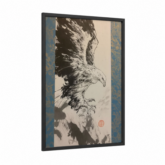 Majestic Eagle Profile framed art print — black wood frame — black and white palette