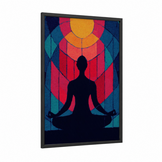 Meditative Yoga Silhouette framed fitness yoga print — black wood frame — red and blue palette
