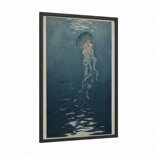 Ethereal Jellyfish framed art print — black wood frame — teal and white palette