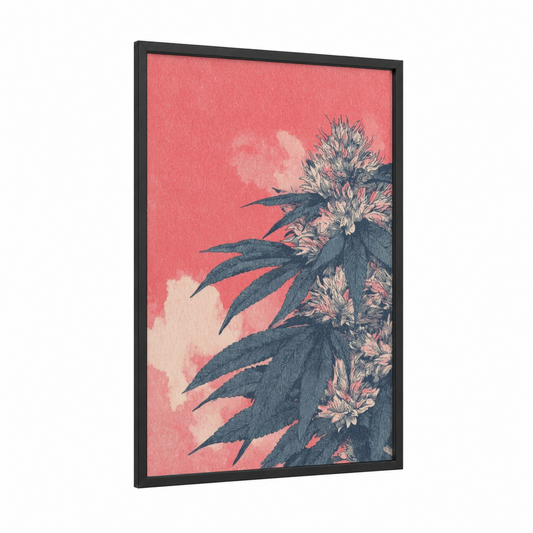 Crimson Cannabis Bloom framed marijuana print — black wood frame — salmon pink and black palette