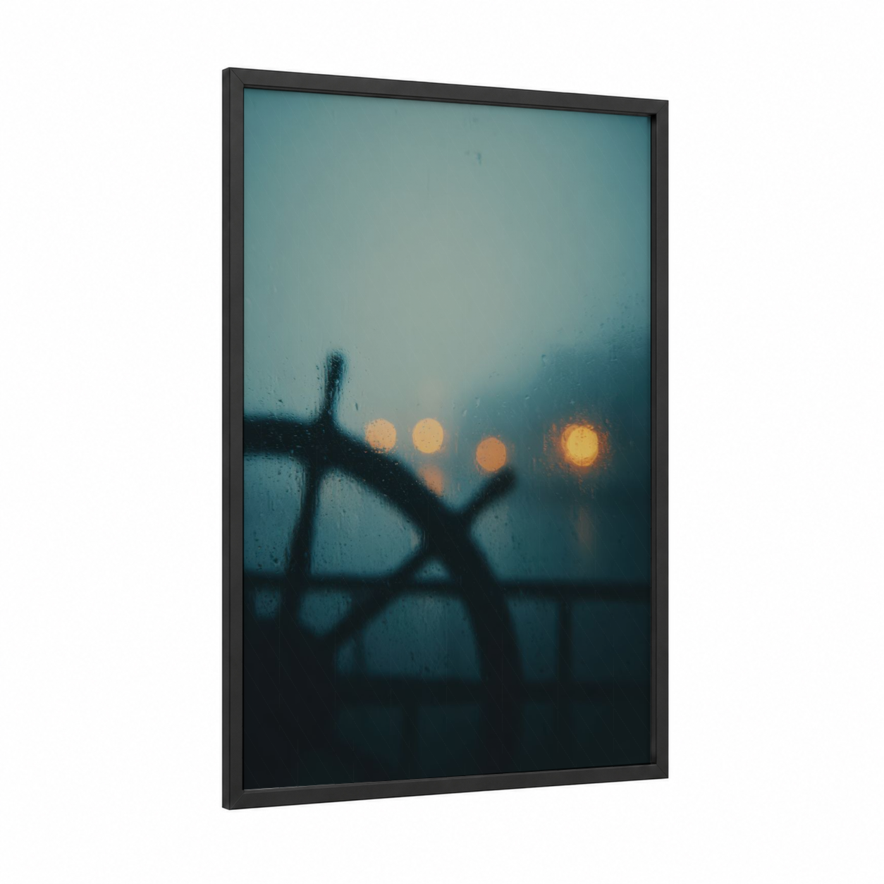 Rainy Shipwheel framed art print — black wood frame — teal and gold palette
