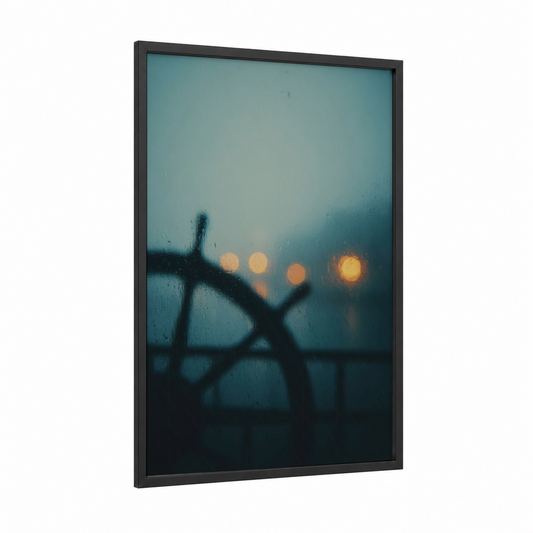Rainy Shipwheel framed art print — black wood frame — teal and gold palette