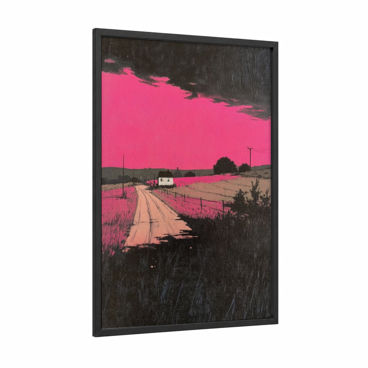 Neon Rural Dream framed various landscapes print — black wood frame — magenta and black palette