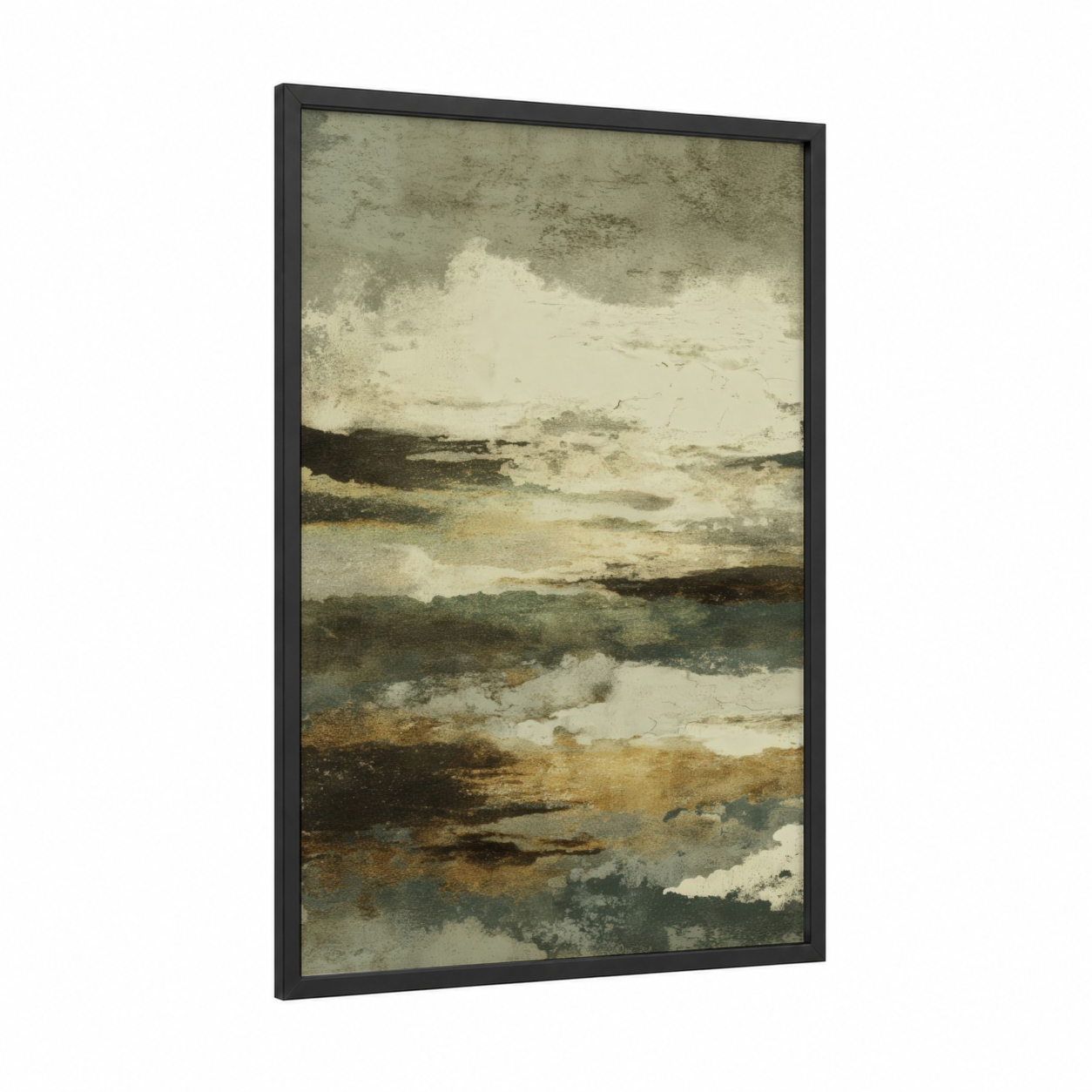 Stratified Earth framed natural stones print — black wood frame — cream and sage green palette