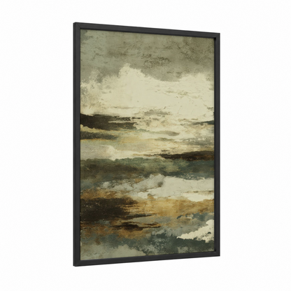 Stratified Earth framed natural stones print — black wood frame — cream and sage green palette