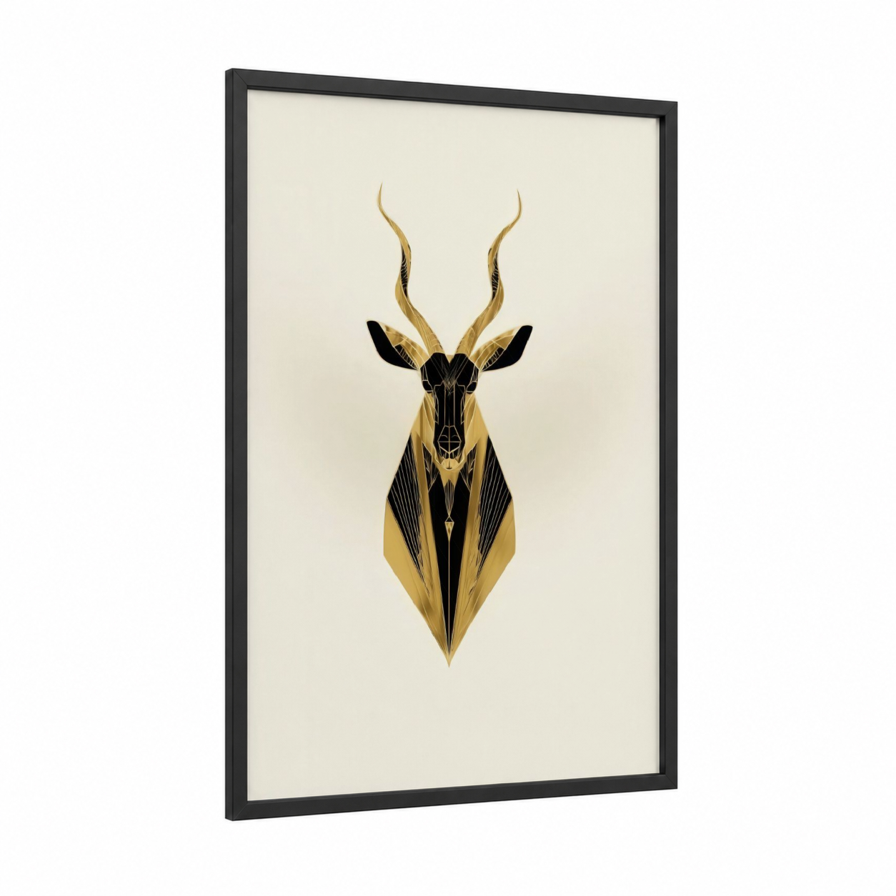 Golden Antelope framed art print — black wood frame — gold and black palette
