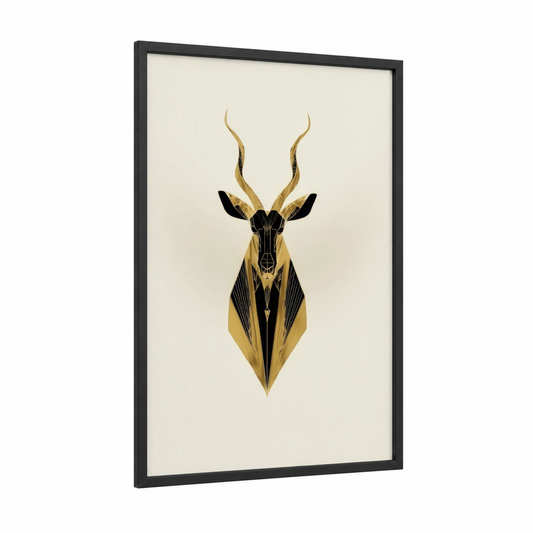 Golden Antelope framed art print — black wood frame — gold and black palette