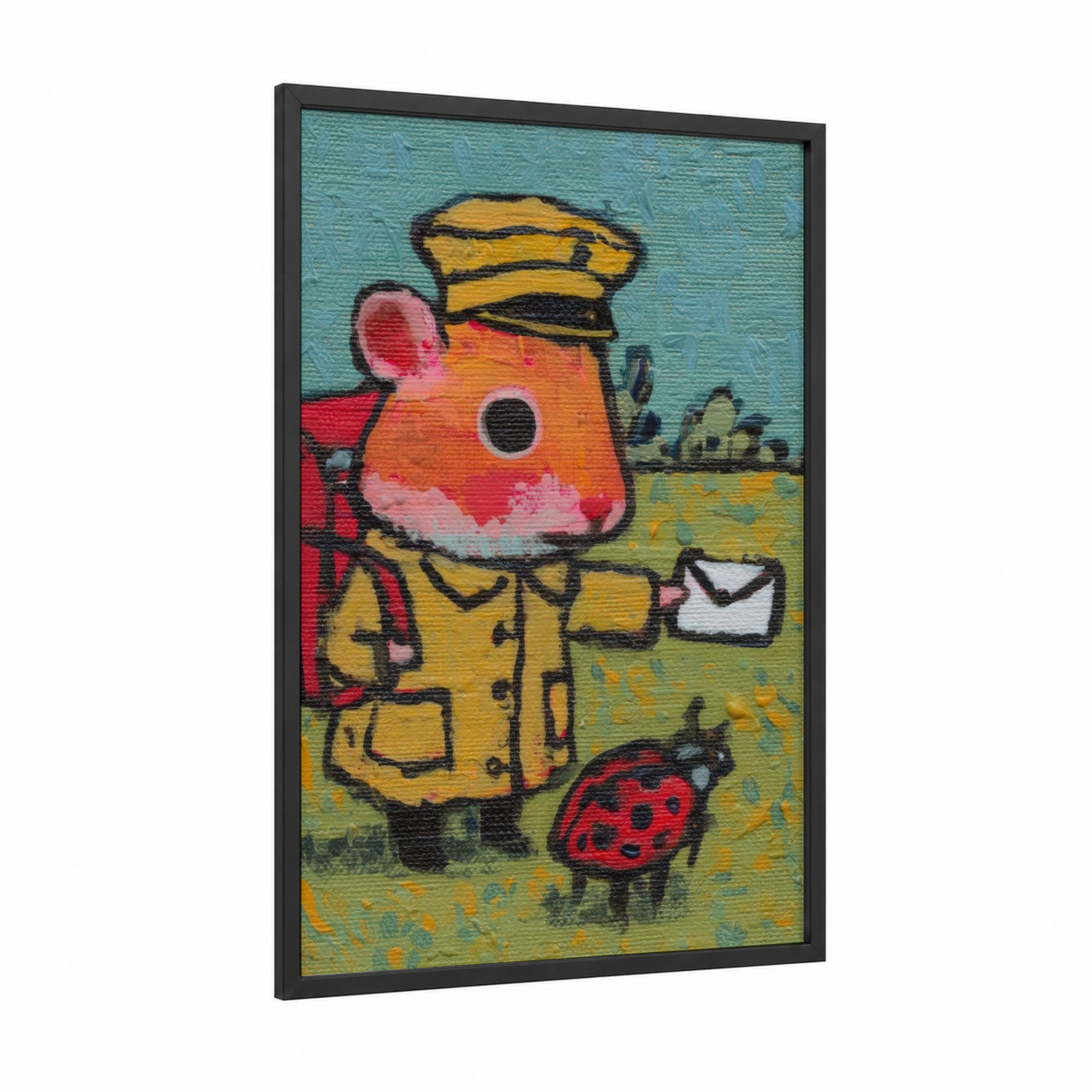 Postman Hamster framed art print — black wood frame — yellow gold and blue and green palette