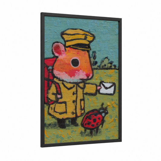 Postman Hamster framed art print — black wood frame — yellow gold and blue and green palette