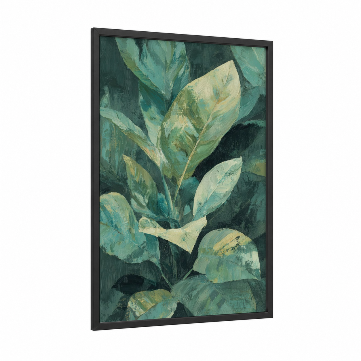 Tropical Foliage Study framed tropical trees print — black wood frame — teal and cream palette