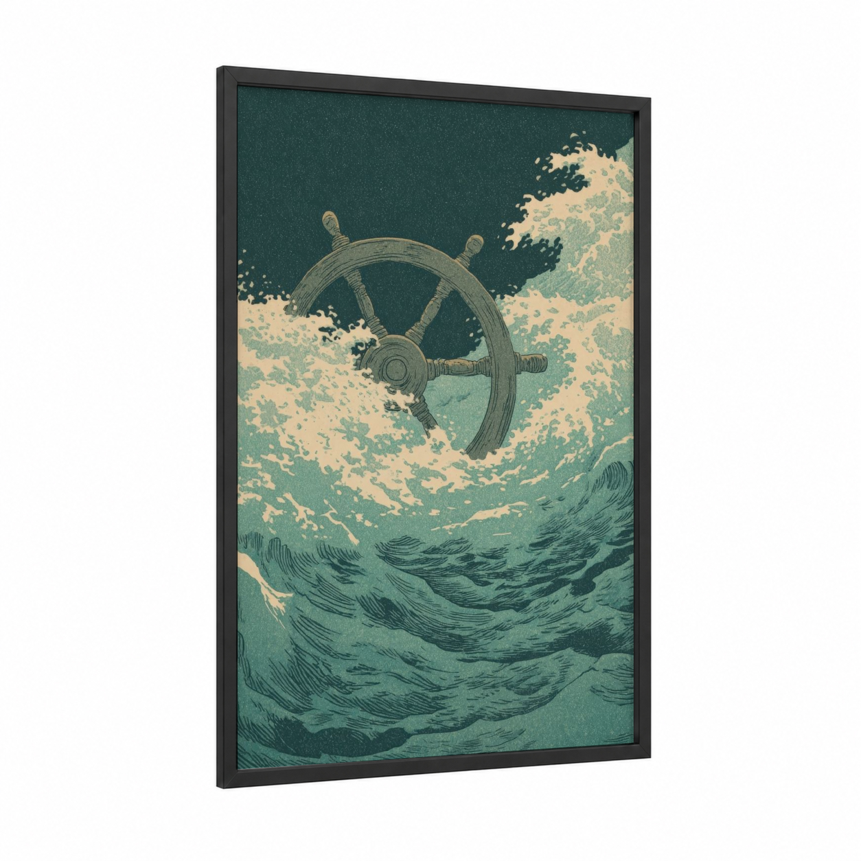 Stormy Shipwheel framed art print — black wood frame — teal and cream palette