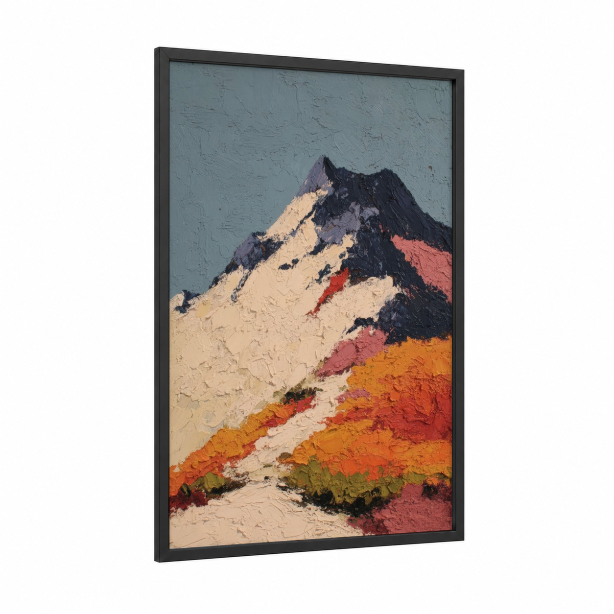 Colorful Volcano Peak framed art print — black wood frame — orange and black palette