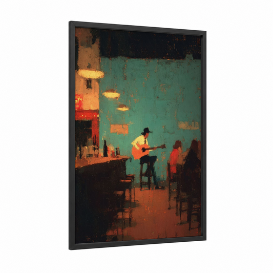 Honky Tonk Performer framed country print — black wood frame — teal and orange palette