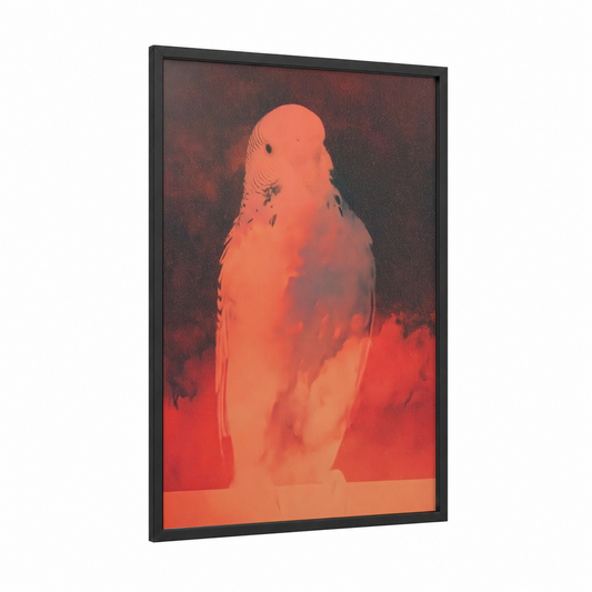 Crimson Budgerigar framed budgeridar print — black wood frame — red and peach palette