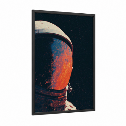 Cosmic Explorer framed astronaut print — black wood frame — orange and blue palette