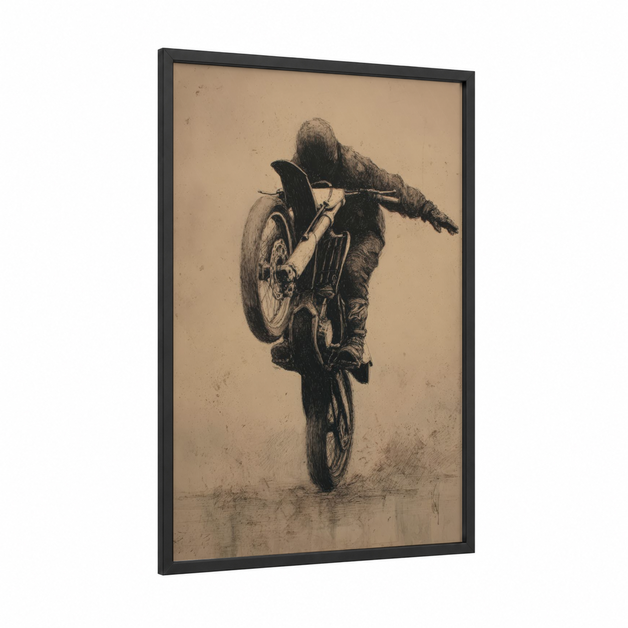Stunt Rider Wheelie framed vintage motorcycle print — black wood frame — black and white palette
