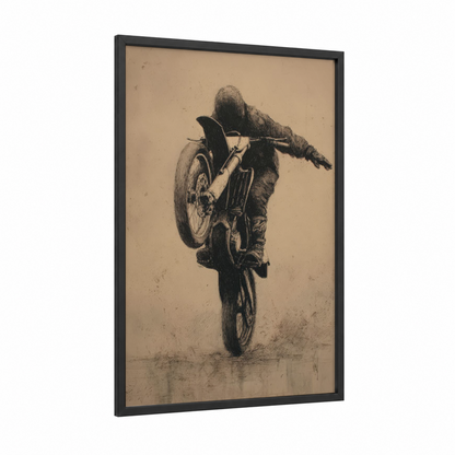 Stunt Rider Wheelie framed vintage motorcycle print — black wood frame — black and white palette
