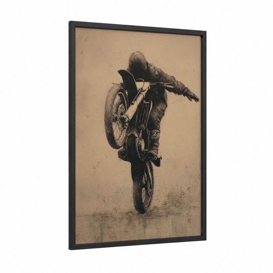 Stunt Rider Wheelie framed vintage motorcycle print — black wood frame — black and white palette