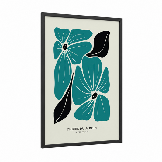 Teal Garden Blooms framed abstract flower print — black wood frame — teal and cream palette