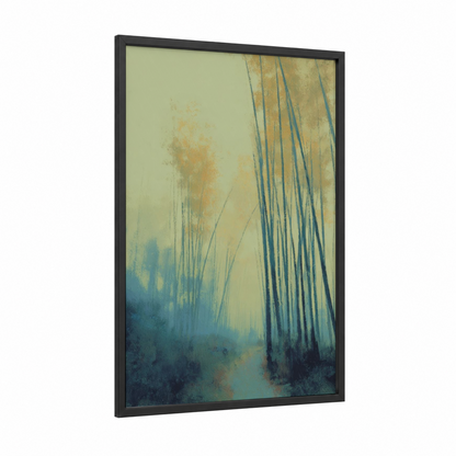 Misty Bamboo Grove framed bamboo jungle print — black wood frame — cream and teal palette