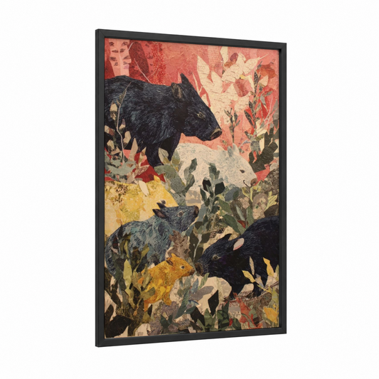 Botanical Wombat Family framed art print — black wood frame — russet and gold palette