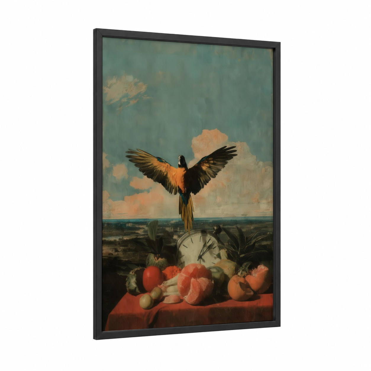 Surreal Macaw Sky framed art print — black wood frame — gold and teal palette
