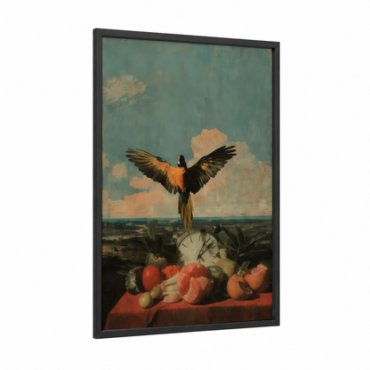 Surreal Macaw Sky framed art print — black wood frame — gold and teal palette