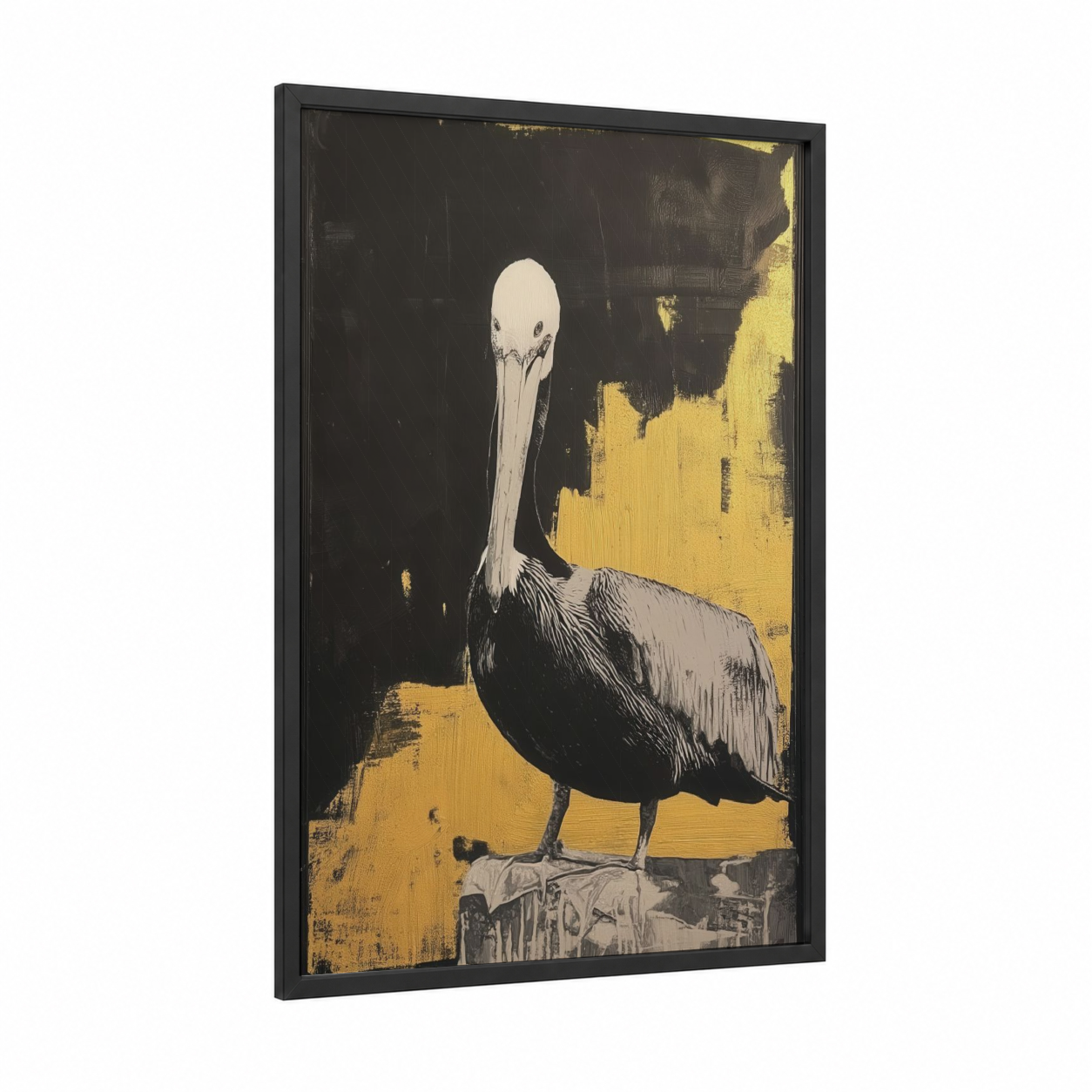 Golden Pelican framed art print — black wood frame — black and gold and cream palette