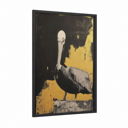 Golden Pelican framed art print — black wood frame — black and gold and cream palette