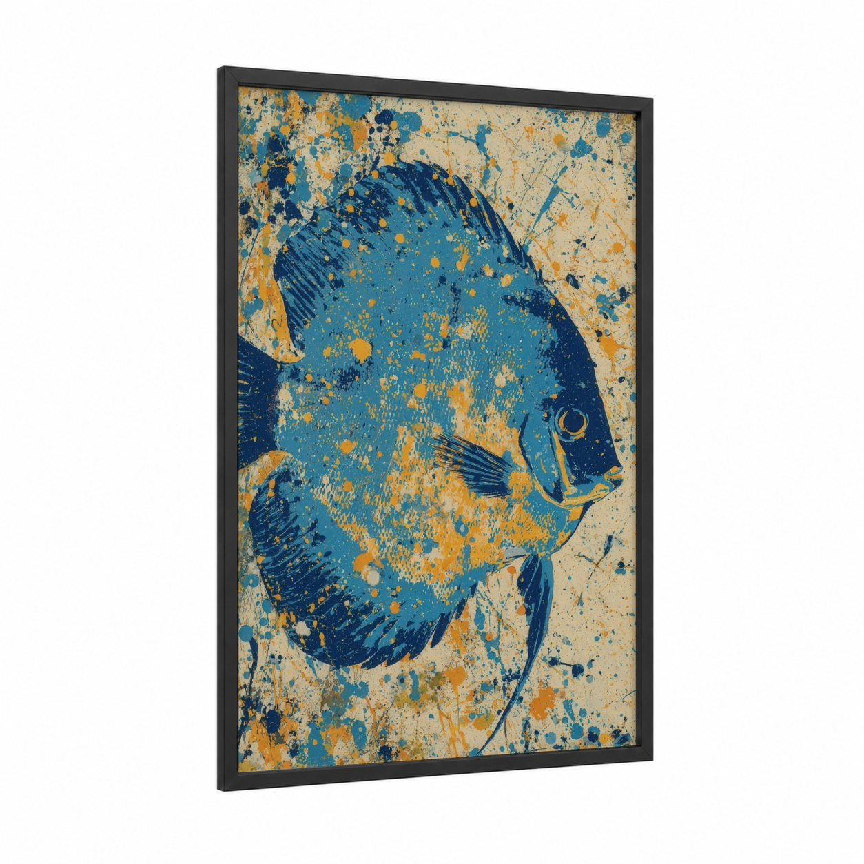 Golden Discus Fish framed art print — black wood frame — blue and gold and pink palette