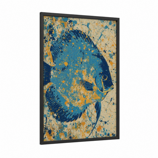 Golden Discus Fish framed art print — black wood frame — blue and gold and pink palette