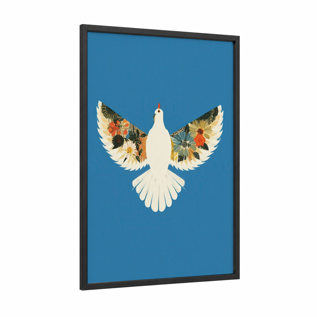 Floral Dove Peace framed art print — black wood frame — blue and gold palette